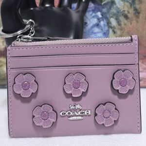 Coach Mini Skinny ID Wallet Card Case Floral Applique Purple CAT65 Tea Rose